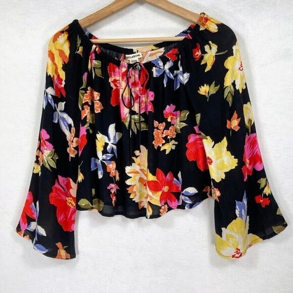 Billabong Light It Up Black On Or Off The Shoulder Floral Cropped Top Size S - Picture 5 of 10